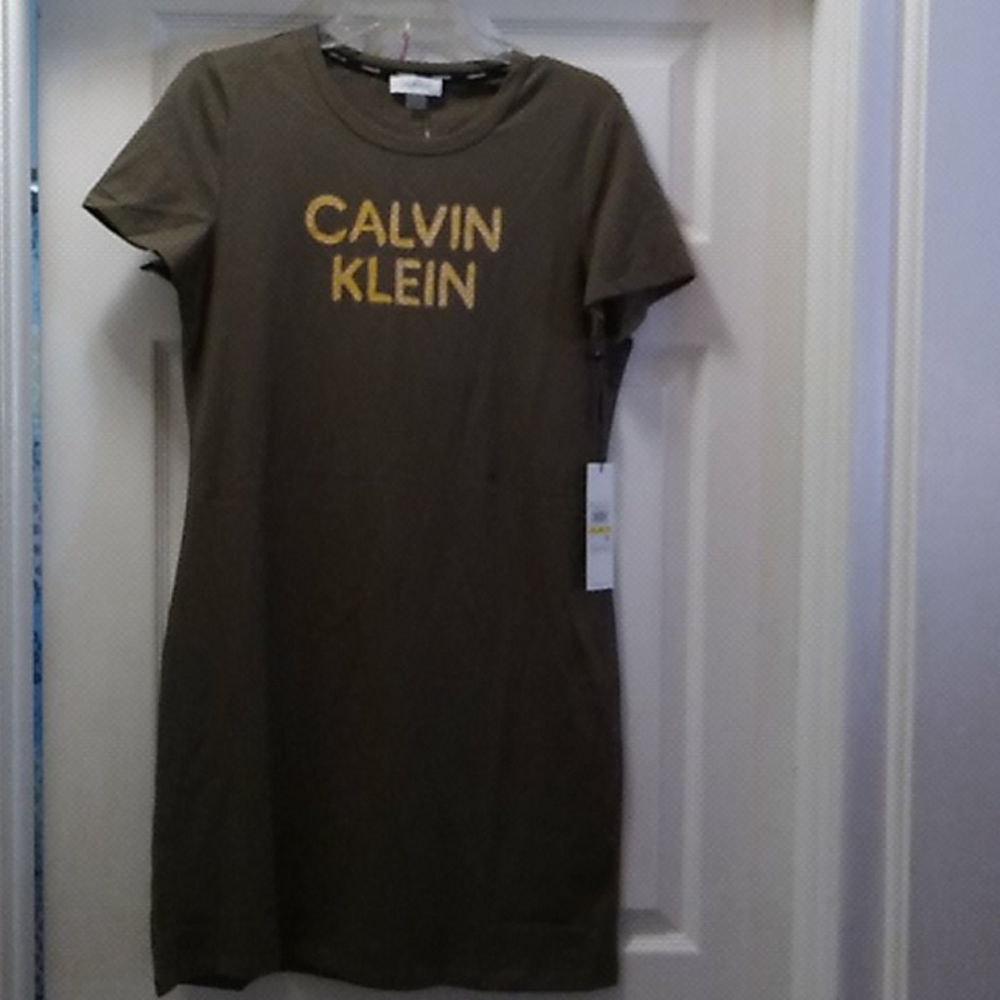 Nwt Chain Logo Calvin Klein Olive Dress - Picture 4 of 8